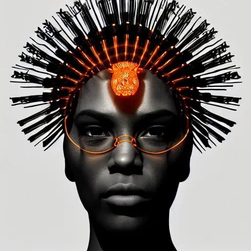 Prompt: portrait of an absurdly beautiful, graceful, sophisticated, fashionable black cyberpunk mechanoid gravure idol, hyperdetailed illustration by irakli nadar, adut akech, matt wisniewski style, intricate linework, dark black skin, lion's mane jellyfish headdress, unreal engine 5 highly rendered, global illumination, orange light, detailed and intricate environment