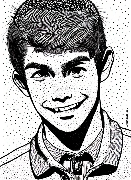 Image similar to portrait of teenage archie andrews, freckles, varsity jacket, intricate, highly detailed, illustration, art by junji ito, junji ito