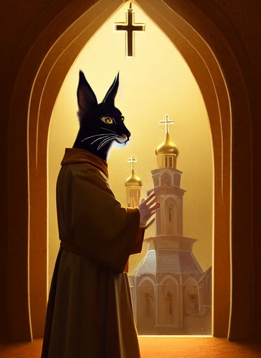 Prompt: cute fluffy anthropomorphic caracal as orthodox priest in golden clothes, caracal head, wearing vr, in orthodox church at background, dynamic lighting, darkness, atmospheric, surrealistic, ambients, dramatic, blurry bokeh cinematic, depth of field, art by bussiere rutkowski andreas rocha