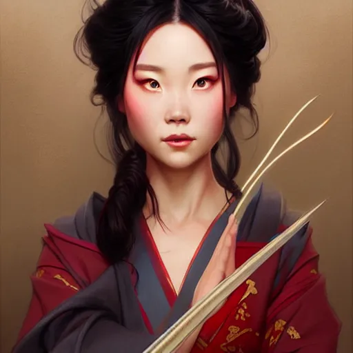 Prompt: Mulan, D&D, fantasy, intricate, elegant, highly detailed, digital painting, artstation, concept art, matte, sharp focus, illustration, art by Artgerm and Greg Rutkowski and Alphonse Mucha