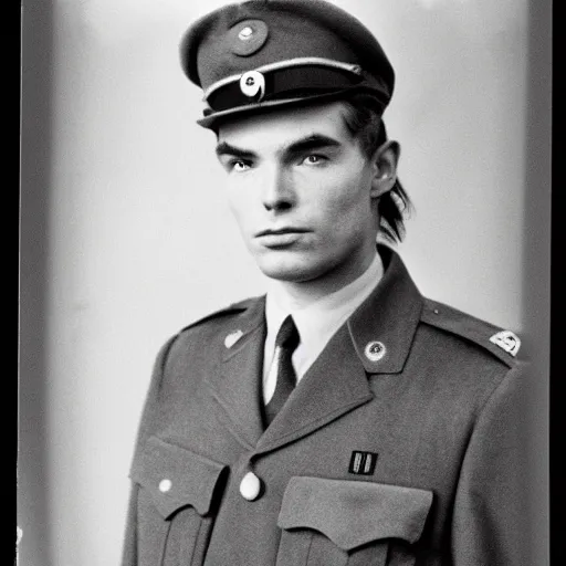 Image similar to cillian murpht in a world war ii uniform, black and white film photography, cabinet card, 2 5 mm lens, cinematography by roger deakins