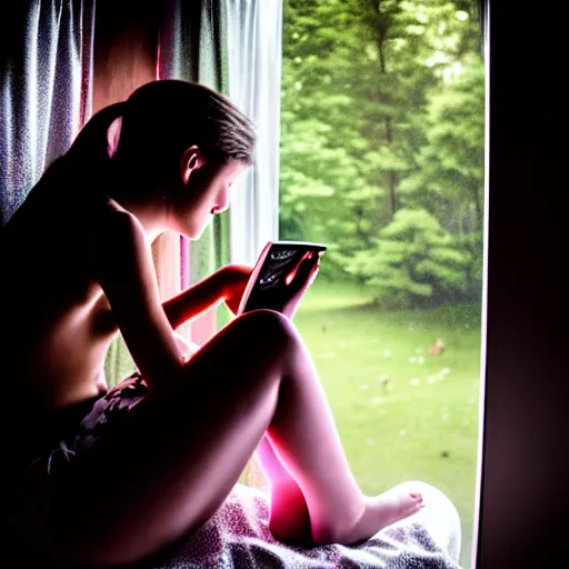 Image similar to teenage girl sitting at bedroom window staring down at her phone, a mushroom cloud outside lights the side of her face, intimate, dark, surreal photography