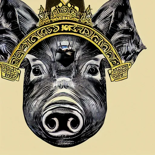 Prompt: pig wearing a gold crown on it's head Shepard Fairey, zoomed out, detailed, technical drawing, sketch, inked, 8k