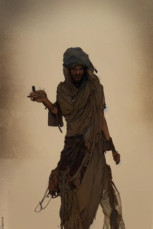 Image similar to a full body portrait of a beautiful post apocalyptic offworld desert bedouin blind beggar by the road, intricate, elegant, highly detailed, digital painting, artstation, concept art, smooth, sharp focus, illustration, art by krenz cushart and artem demura and alphonse mucha