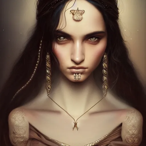 Prompt: tom bagshaw portrait, beautiful portrait of chiara tews in desert robes, black hair, professionally retouched, focus eyes, ultra realistic soft painting, insanely detailed linework, symmetrical accurate intricate features, behance, 8 k