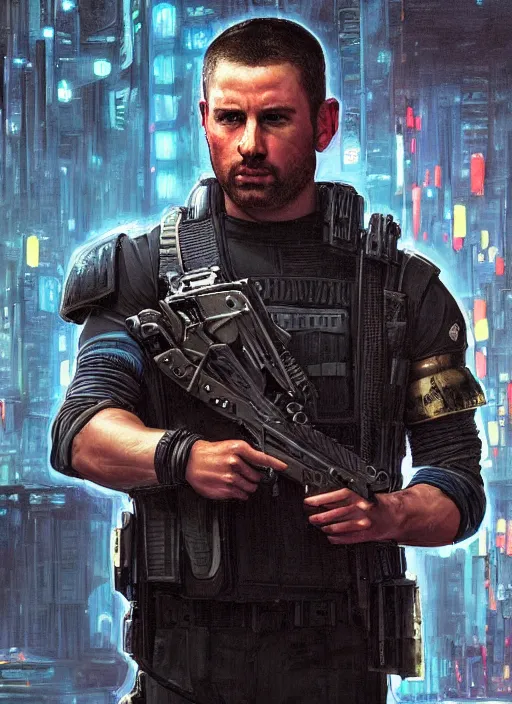 Image similar to 🤼♂. cyberpunk police trooper in a military vest ( blade runner 2 0 4 9, cyberpunk 2 0 7 7 ). orientalist portrait by john william waterhouse and james gurney and theodore ralli and nasreddine dinet, oil on canvas. cinematic, hyper realism, realistic proportions, dramatic lighting, high detail 4 k