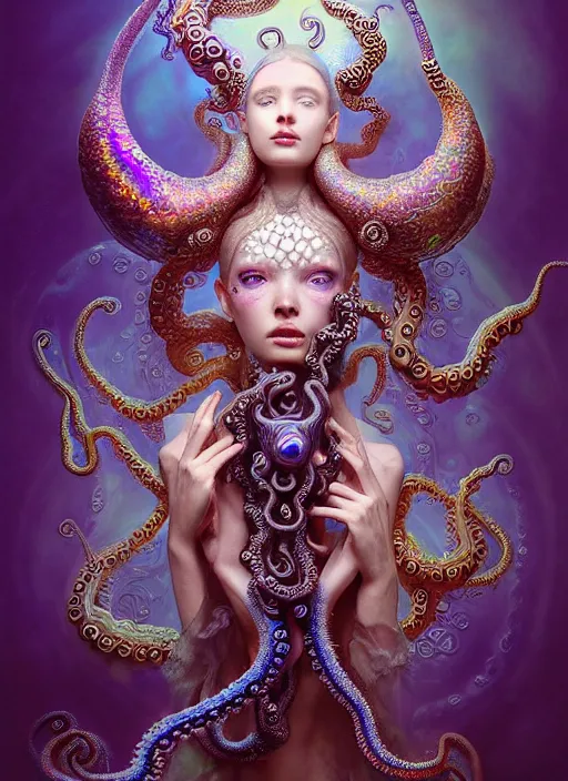 Image similar to A full shot of a cute magical monster wearing an ornate dress made of opals and tentacles. Subsurface Scattering. Translucent Skin. Caustics. Prismatic light. defined facial features, symmetrical facial features. Opalescent surface. Soft Lighting. beautiful lighting. By Giger and Ruan Jia and Artgerm and WLOP and William-Adolphe Bouguereau and Loish and Lisa Frank. Fantasy Illustration. Sailor Moon. Masterpiece. trending on artstation, featured on pixiv, award winning, cinematic composition, dramatic pose, sharp, details, Hyper-detailed, HD, HDR, 4K, 8K.