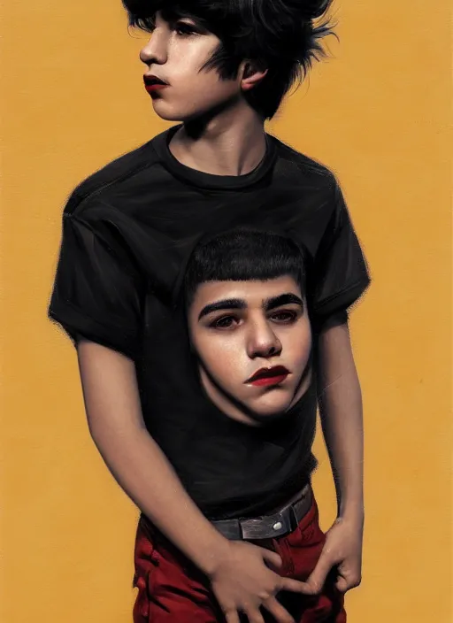 Image similar to portrait of a latino teen boy with a crooked nose and a confident expression, 1 9 6 0 s, black clothes, goth, punk, brightly coloured hair, funk, intricate, elegant, highly detailed, digital painting, artstation, concept art, smooth, sharp focus, illustration, art by wlop, mars ravelo and greg rutkowski