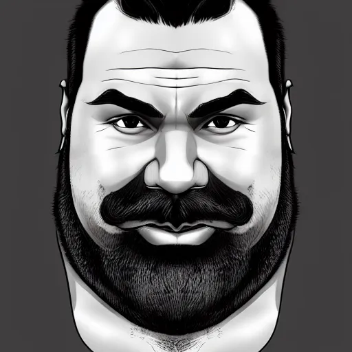Prompt: face portrait a big beefy man with a large face, thick dark hair, a bushy black moustache, with hardly any neck and mean little eyes, highly detailed, digital art, sharp focus, trending on art station, charcoal drawing