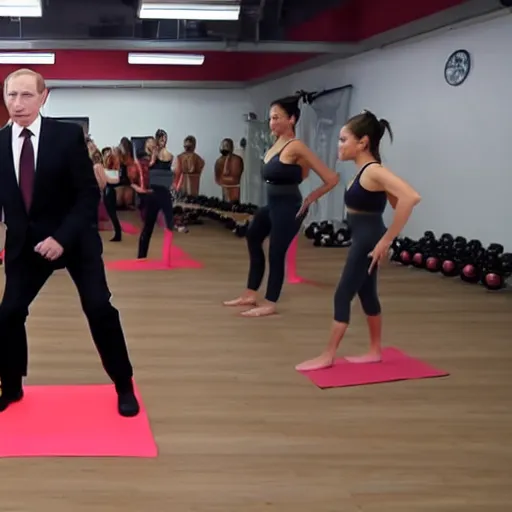 Prompt: vladimir putin is participating in a twerk tutorial session, wearing yoga pants, local gym, realistic, 8 k,