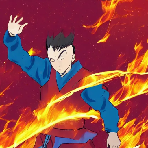 Image similar to A man with fire superpowers in the genshin impact style