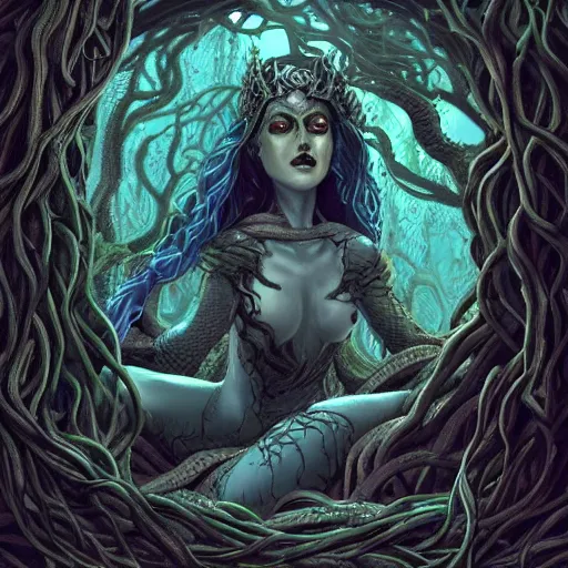 Prompt: dark queen of snakes, crown of snakes, blue skin, realism, dark fantasy, surrounded by thorned vines, unreal engine, artstation