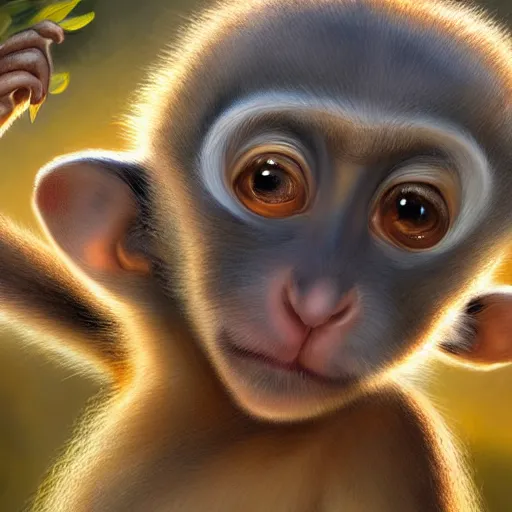 Image similar to clear portrait of baby monkeys, adorable appearance!!!, golden hour, happy apearance, cottagecore!!, background hyper detailed, character concept, full body, dynamic pose, intricate, elegant, highly detailed, digital painting, artstation, concept art, smooth, sharp focus, illustration, art by artgerm and greg rutkowski and alphonse mucha