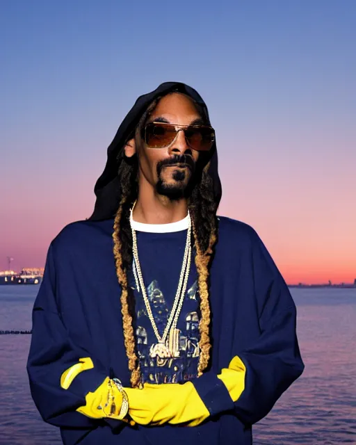 Image similar to snoop Dogg dressed as The girl with the pearl earring, smoking, Long Beach background, sunset