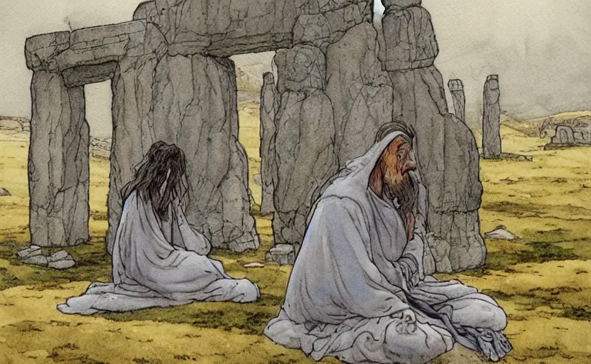 Prompt: a realistic and atmospheric watercolor fantasy concept art of giant monk in grey robes sitting in stonehenge. in the foreground a small female medieval monk in grey robes is kneeling with her hands by her sides. by rebecca guay, michael kaluta, charles vess