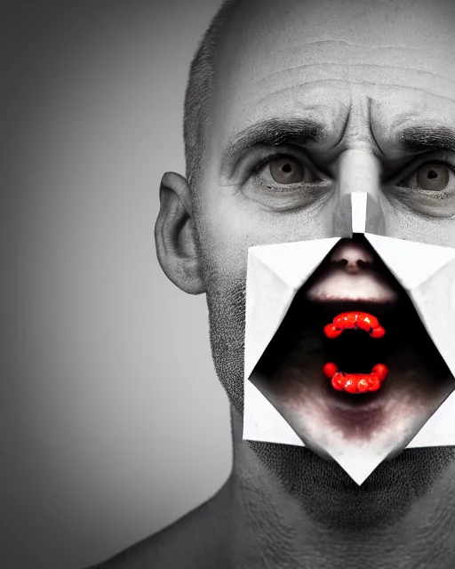 Prompt: scary photo of a man with his mouth in the form of a equilateral triangle, hyperrealism, bokeh, 8k, trending on