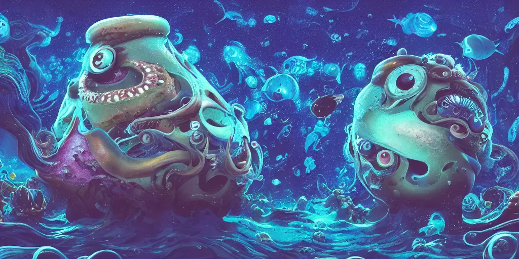 Image similar to of an intricate deep sea with strange cute friendly happy creatures with huge eyes, long tongue, round teeth and goofy funny face, appearing from the background, in the style of gehry and gaudi, macro lens, shallow depth of field, ultra detailed, digital painting, trending artstation, concept art, illustration, cinematic lighting, photorealism, epic, octane render