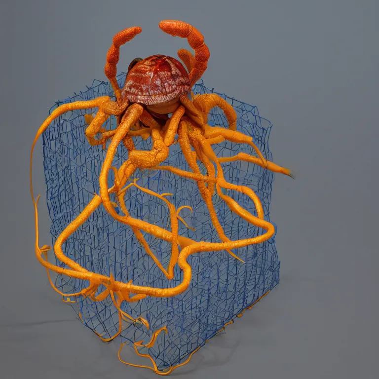 Prompt: hyperrealistic sculpture of a coccyx worm hermit crab dusted with saffron and deep blue and hunter green spraypaint in a grid cage on a pedestal by ron mueck and duane hanson and lee bontecou, hyperrealistic dramatic colored lighting trending on artstation 8 k