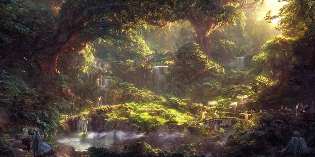 Image similar to lush and beautiful concept art for rivendell, lord of the rings, peter jackson, studio ghibli, detailed, realistic lighting, volumetric lighting, golden hour,