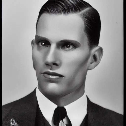 Image similar to A photograph portrait of Jerma985 wearing a suit with short slicked hair in the early 1930s, taken in the early 1930s, grainy, taken on a early 1930s Kodak Camera, realistic, hyperrealistic, very realistic, highly detailed, very detailed, extremely detailed, detailed, digital art, trending on artstation