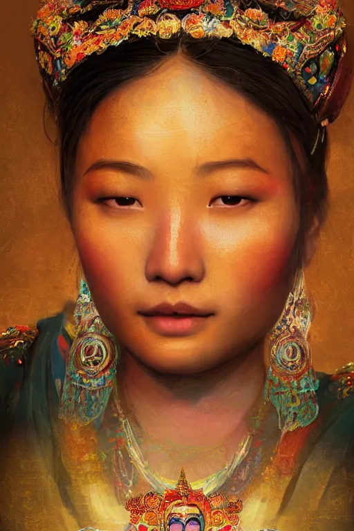 Image similar to Tibetan princess, gorgeous, close-up portrait, intricate, elegant, volumetric lighting, scenery, digital painting, highly detailed, artstation, sharp focus, illustration, concept art, ruan jia, steve mccurry