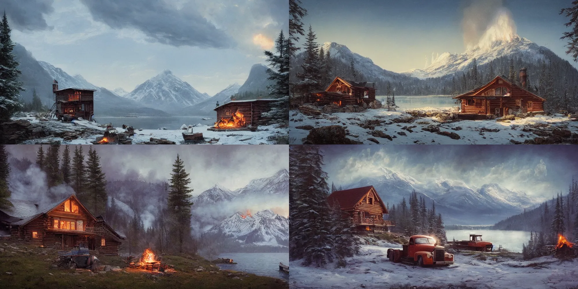 Prompt: a beautiful mountain lake surrounded by snowcapped mountains a log cabin with smoke coming from the chimney and and old truck by James Gurney and Greg Rutkowski, trending on artstation