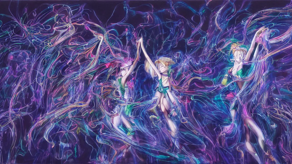 Image similar to a detailed painting of two people dressed as gen z dancing togheter in a nightclub, inspired by yoshitaka amano enveloped in trails of colorful animal ghosts floating around them. clean painting, realistic and auora lighting. dark blue and intense purple color palette, art by yoshiyuki tomino, 8 k