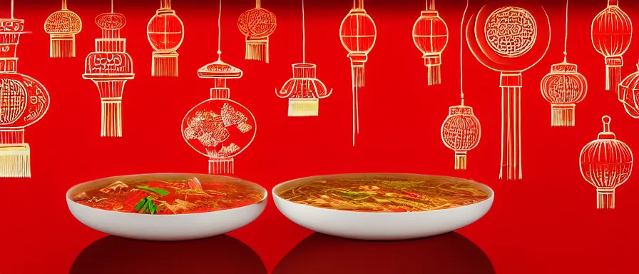 Image similar to a beautiful 4 k hd red wall paper illustration of roasted string hotpot, red wallpaper design, simple style, gourmet style, commercial kebab hotpot wallpaper display, wall painting, from china, with merchant logo, simple structure, surrealistic, chinese style, victo ngai, james jean, denoise, deblurring