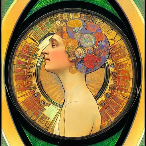 Image similar to A woman with a colored face, standing in gold foil, her face in discs, she has a diamond eye, orange Alphonse Mucha, Ernst Haeckel