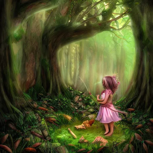 Prompt: ancient ritual in a magical forest, forest child girl, fantasy, artwork, digital art