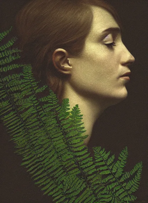 Image similar to a woman's face in profile, made of delicate ferns, in the style of the Dutch masters and Gregory Crewdson, dark and moody