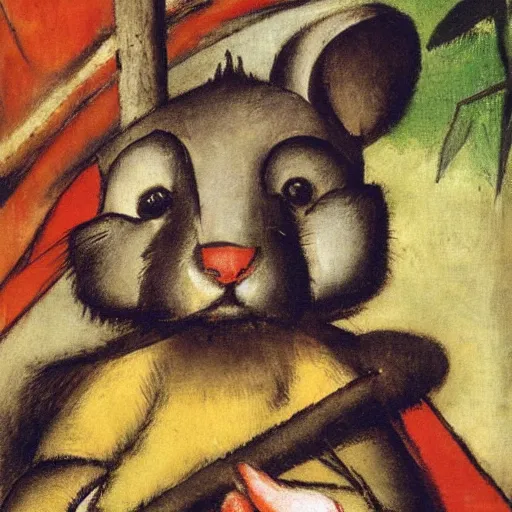 Prompt: mouse holding a drum, sitting in the forrest, medieval portrait, close up, by franz marc