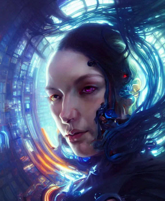 Image similar to a whirlwind of souls rushing inside a cyberpunk metaverse, half body, blue glowin eyes, d d, fantasy, intricate, elegant, highly detailed, colorful, vivid color, digital painting, artstation, concept art, art by artgerm and greg rutkowski and alphonse mucha and ruan jia