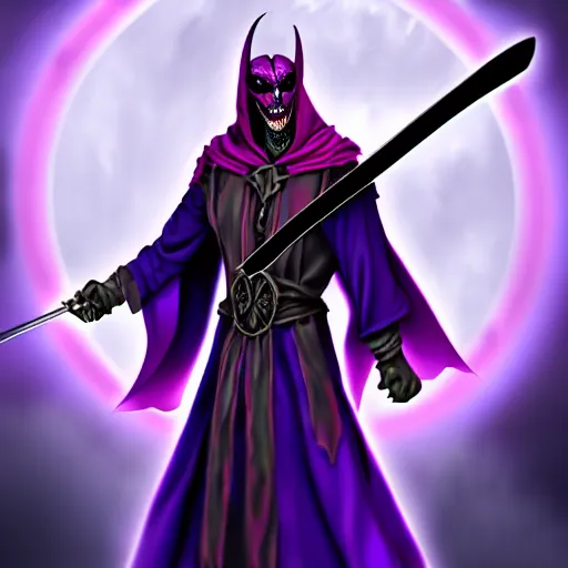 Image similar to demon in purple robe with sword, artstation, fantasy