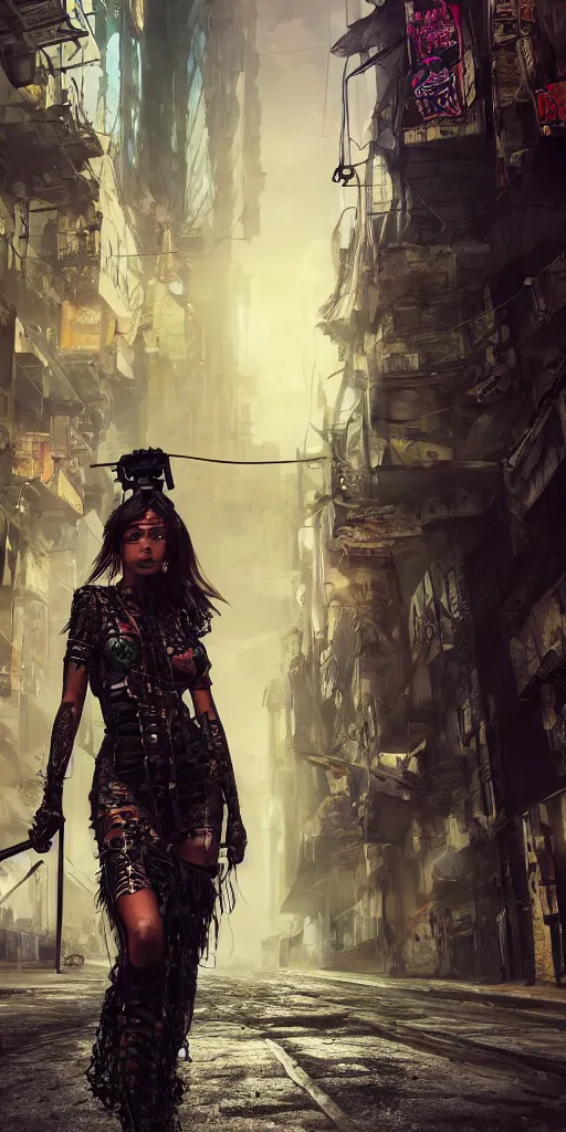 Prompt: a gorgeous latin woman, holding a staff, wearing apocalyptic clothes, cyberpunk city street, intricate details illustration, by barbucci, cinematic, hyperrealism, elegant, vfx, octane render, 8 k