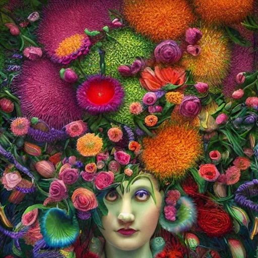 Image similar to hyper detailed 3d octane render illustration like a Oil painting - a vivid crazy flower bouquet, long petals, huge blossoms, by Jacek Yerka, Mariusz Lewandowski, Marious generative render, long brush strokes, Masterpiece, Edward Hopper and James Gilleard, Mark Ryden, Wolfgang Lettl, hints of Yayoi Kasuma, octane render, 8k