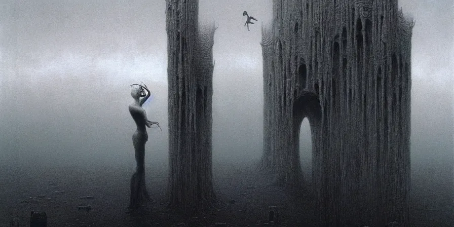 Prompt: existential crisis of the human soul, Zdzislaw Beksinski, Wayne Barlowe, Joe Fenton, gothic, biomorphic, amazing details, dystopian, surrealism, cold hue's, warm tone gradient background