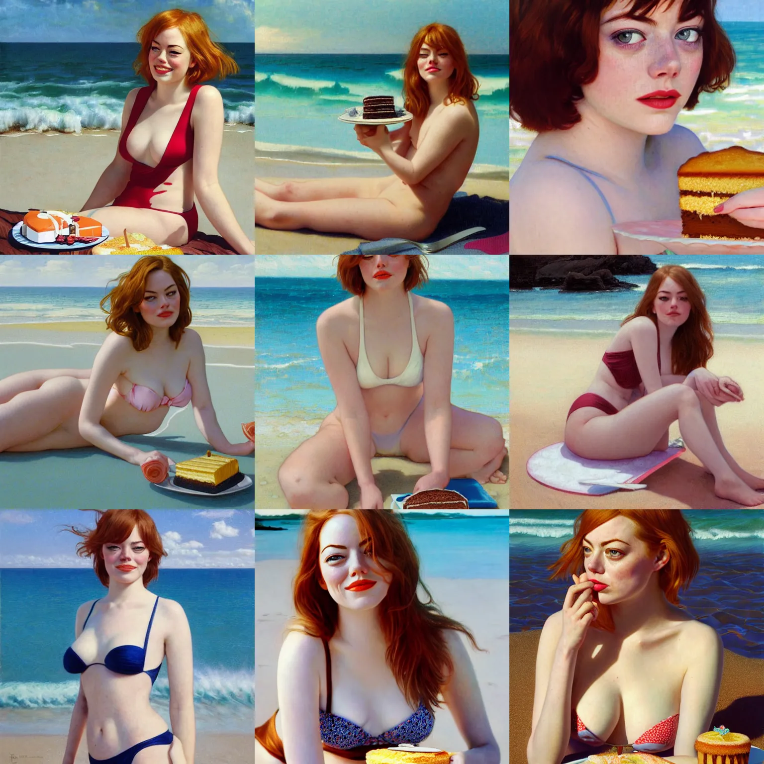 Prompt: portrait of 2 0 years old plump emma stone in swimsuit eating cake on a beach, intricate, hyperdetailed, photorealistic, diffuse lighting, hdrp, artstation, unreal 5, smooth, textless, sharp focus, art by john collier, albert aublet, krenz cushart, artem demura, alphonse mucha