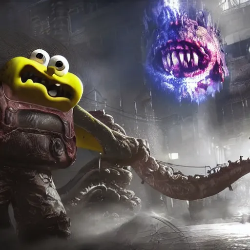 Image similar to evil large spongebob monster in gears of war, splash art, movie still, detailed face, photorealistic facial features, cinematic lighting, dramatic, octane render, long lens, shallow depth of field, bokeh, anamorphic lens flare, 8 k, hyper detailed, 3 5 mm film grain