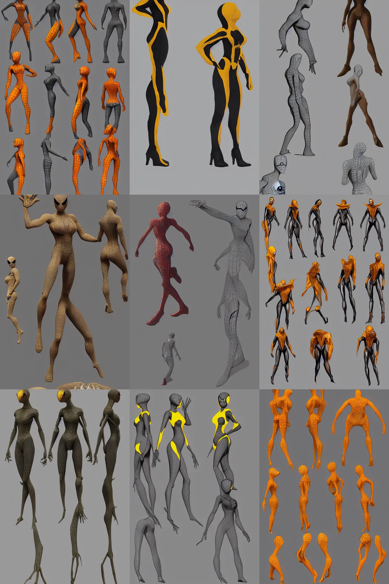 Prompt: 3 d model full body character turnaround of a woman in an orb weaver spider costume standing in a rock quarry, character sheet, matte painting, spiderman!!, spiderwoman!!, john singer sargent, good value control, highly detailed portrait, character turnaround, digital painting, concept art, artstation, sharp focus, smooth, illustration, yellow and black color scheme,