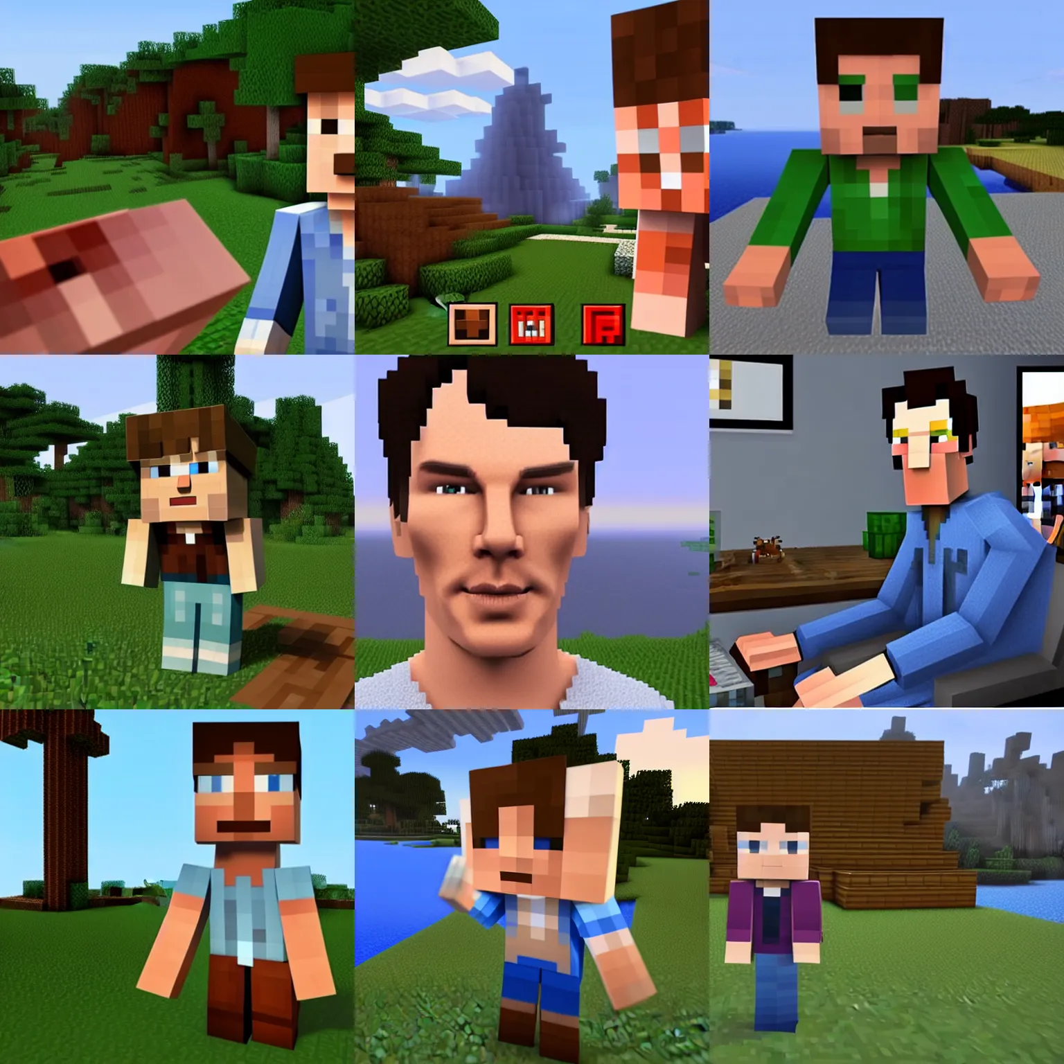 Prompt: a screenshot of benedict cumberbatch in the video game minecraft. 3 d rendering. unreal engine. amazing likeness. very detailed. cartoon caricature