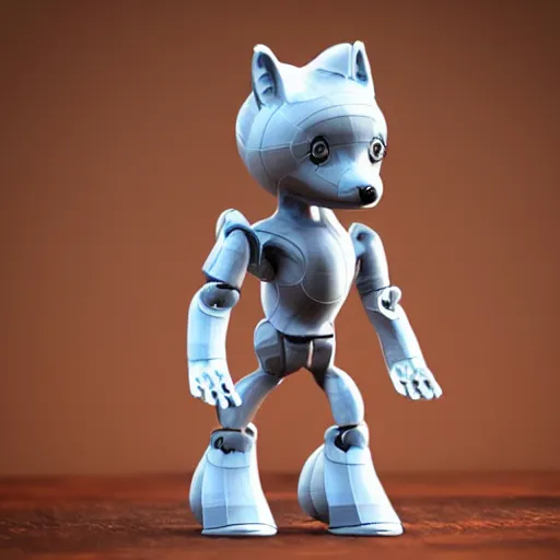 Image similar to a 3 d printed robot that resembles a fox, 3 d render, post processing, cinmatic lightning