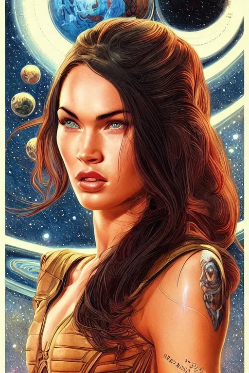 Image similar to young Megan Fox as a ruggedly beautiful retro SCI-FI space heroine 1985 , movie poster, intricate, elegant, highly detailed, centered, digital painting, artstation, concept art, smooth, sharp focus, illustration, art by artgerm and donato giancola and Joseph Christian Leyendecker, Ross Tran, WLOP