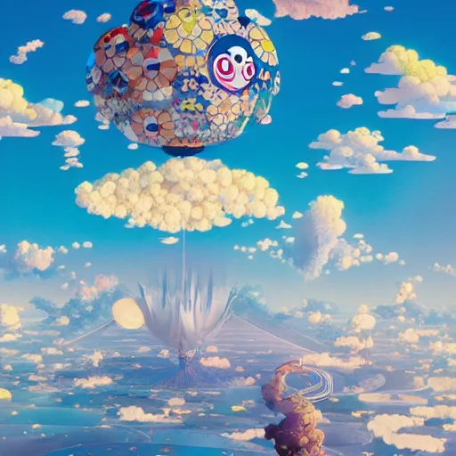 Image similar to a man walking on clouds above kyoto by takashi murakami, beeple and james jean, aya takano color style, 4 k, super detailed