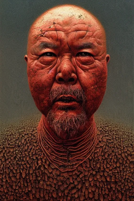 Image similar to ascii art, hyperrealism oil painting, portrait scary ai weiwei style zdzislaw beksinski