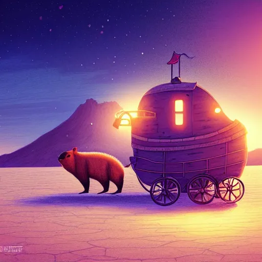 Image similar to beautiful digital fantasy illustration of a Birth Machine, Capybara pirate, keeping vigil over the salt flats, lights in the night, highly detailed, soft lighting, rendered in octane, masterpiece, very very very aesthetic, exquisite marble details!!!