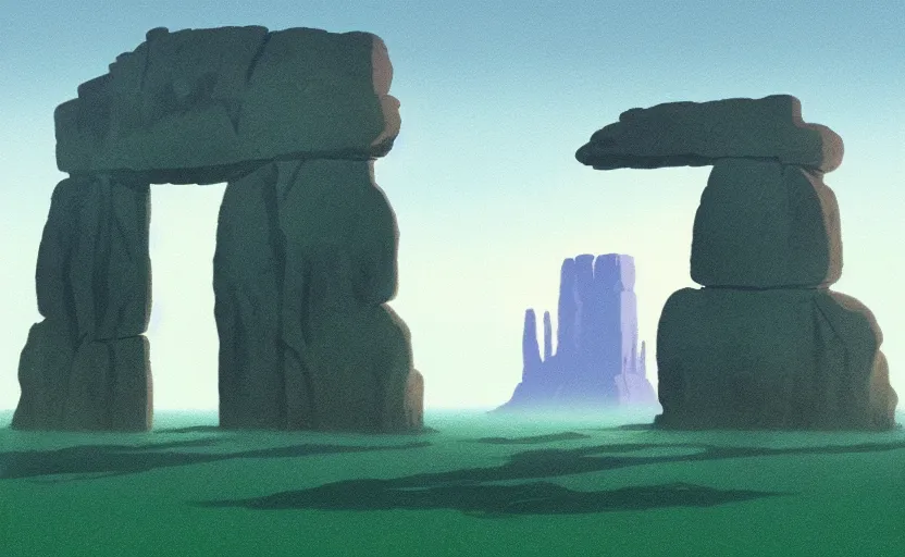 Image similar to a cell - shaded studio ghibli concept art study of a square dimensional portal doorway in a flooded monument valley stonehenge on a misty starry night. water is flowing out of the portal. very dull colors, hd, 4 k, hq