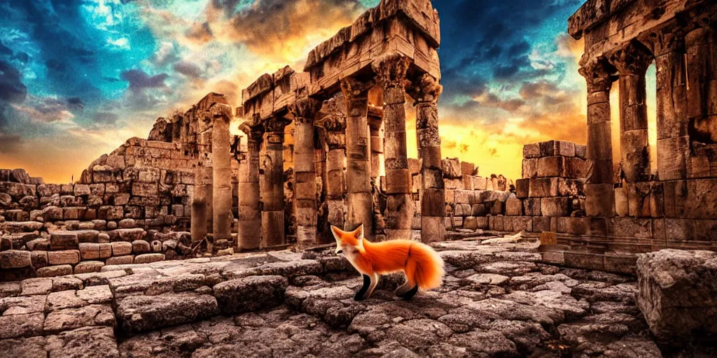 Image similar to A beautiful small fox in the huge ruins of the second temple in Jerusalem :: Dreamy sky :: The third temple hovers quietly in the sky above :: Very colorful painting 8k trending on art station :: Intricate details, very realistic, cinematic lighting, volumetric lighting, photographic blur bokeh defocus dof sky