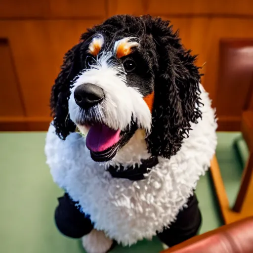 Image similar to a closeup photorealistic photograph of a cute smiling knitted bernedoodle judge dog dressed in a black gown, presiding over the courthouse. indoor image, professional capture, well lit shot. this 4 k hd image is trending on artstation, featured on behance, well - rendered, extra crisp, features intricate detail, epic composition and the style of unreal engine.