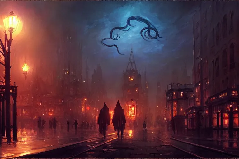 Image similar to an victorian city, scene in the night, cthulhu in the sky. 1 8 9 0, key visual, conceptart, ambient lighting, highly detailed, digital painting, artstation, concept art, sharp focus, by makoto shinkai and akihiko yoshida and greg manchess